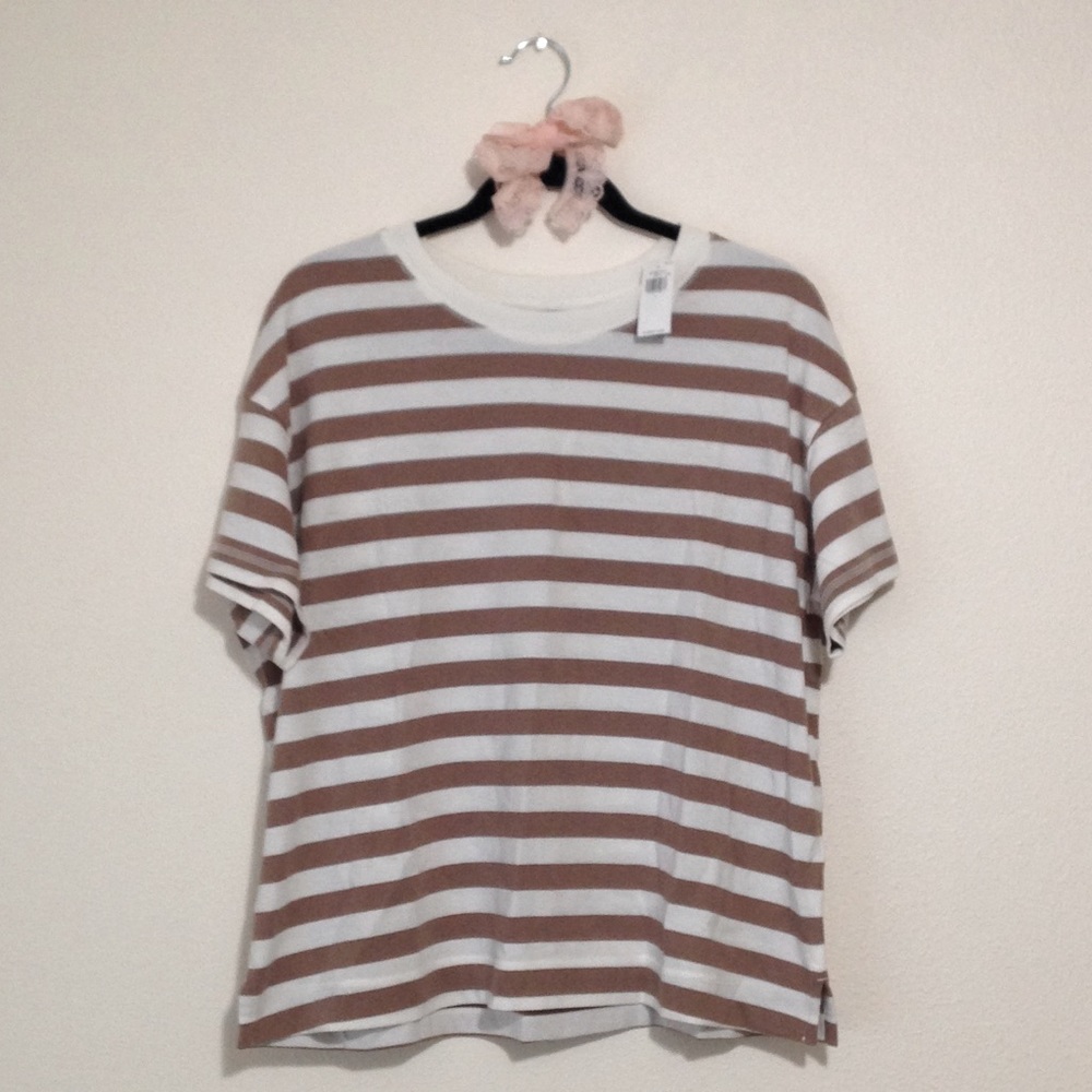 OLD NAVY Brown and White Short-Sleeve Vintage Striped Easy Scoop Neck T-shirt